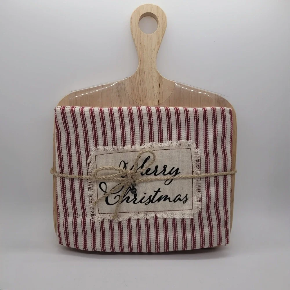Robert Stanley Christmas Wood Cutting Board and Striped Kitchen Towel Gift Set